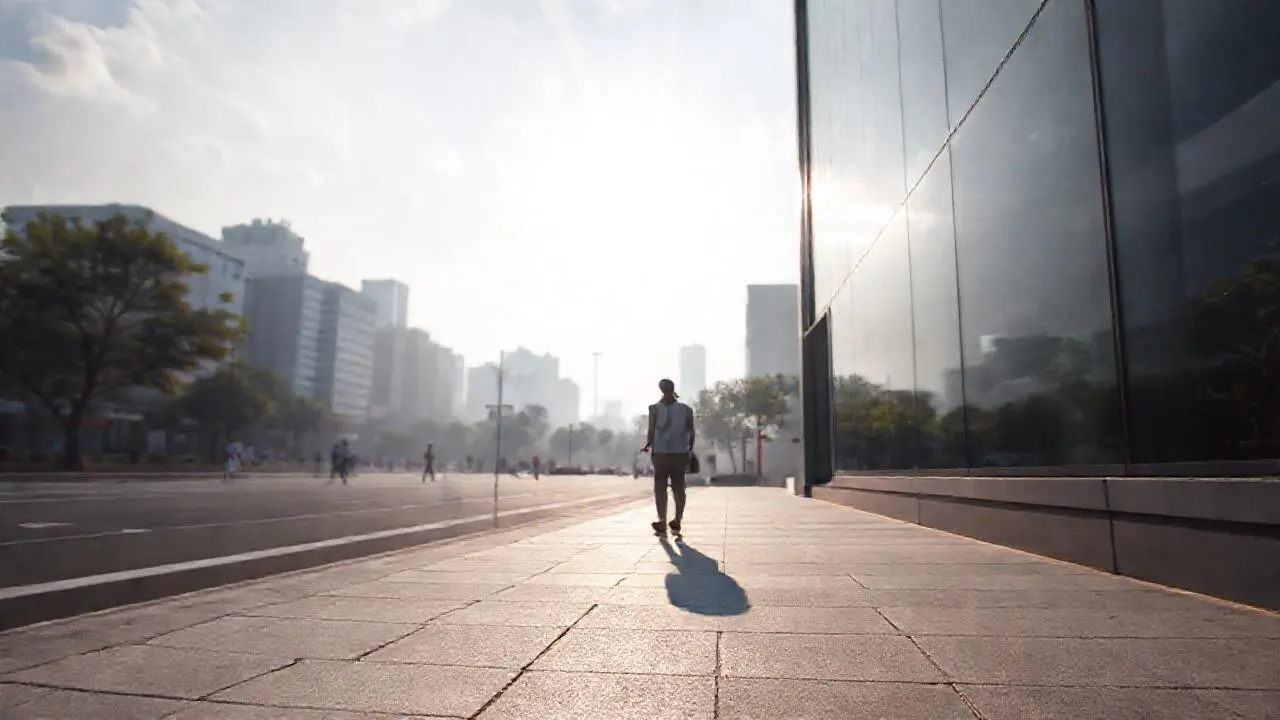 Ciudad urbana, suave luz, figura caminando