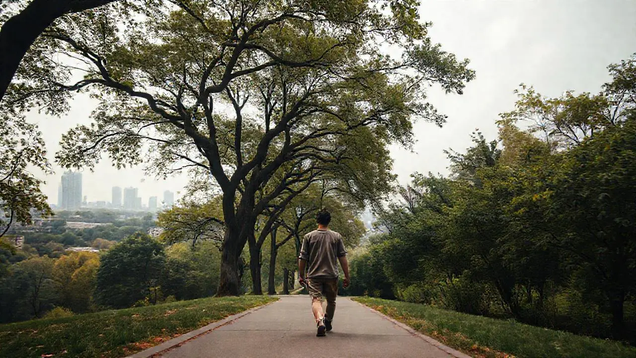 Paseo tranquilo en parque urbano brumoso