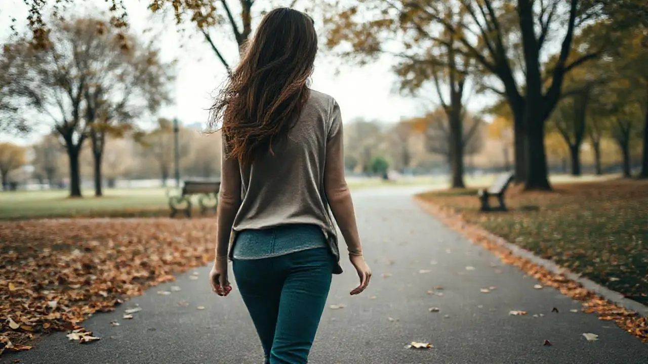 Una mujer camina por un parque otoñal