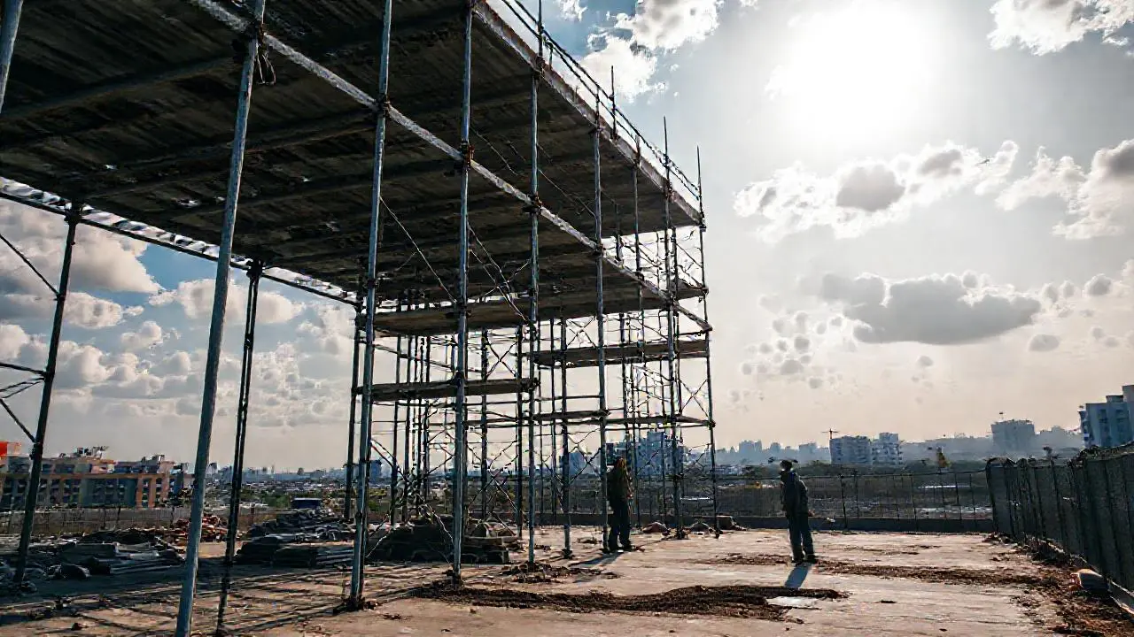 Construcción industrial, ambiente polvoriento y extenso