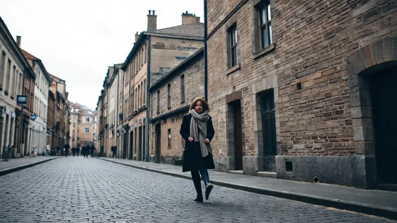 Tranquila calle europea, luz suave y nostálgica