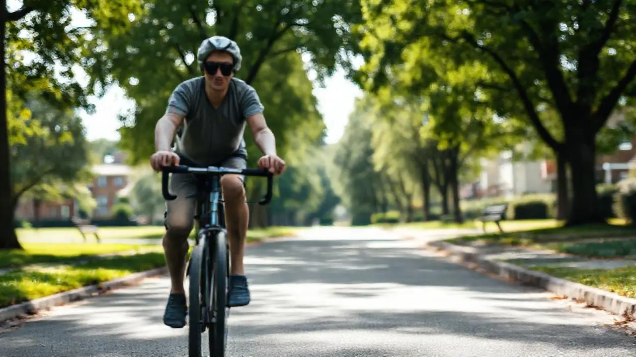 Ciclista en movimiento, ambiente suburbano tranquilo