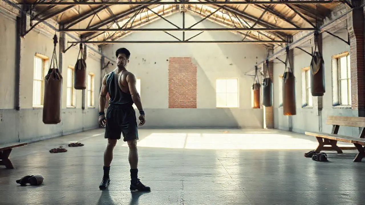 Un gimnasio de boxeo realista, iluminado y amplio
