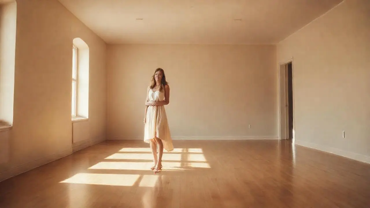 Espacio sereno, luz suave y mujer relajada