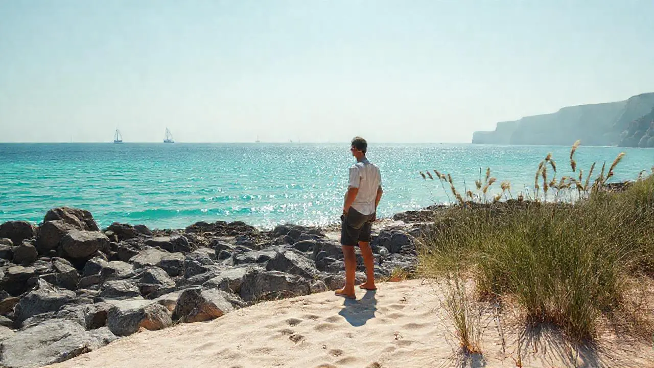 Costa serena con hombre relajado al fondo
