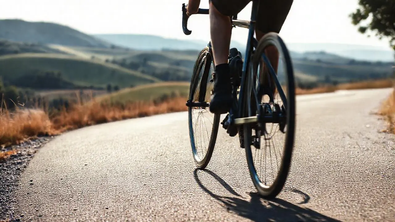 Ciclista avanza por carretera rural soleada