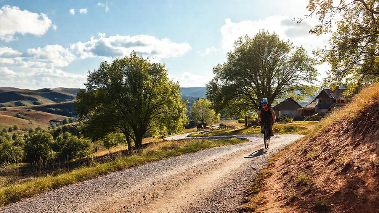 Ciclista pedalea por un paisaje rural sereno