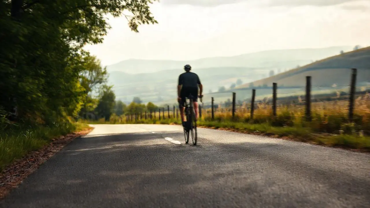 Carretera solitaria, ciclista en movimiento, paisaje extenso