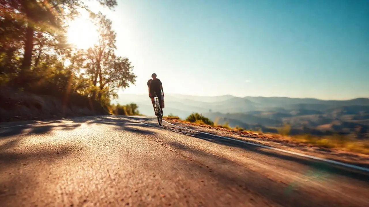 Carretera rural, un ciclista en movimiento