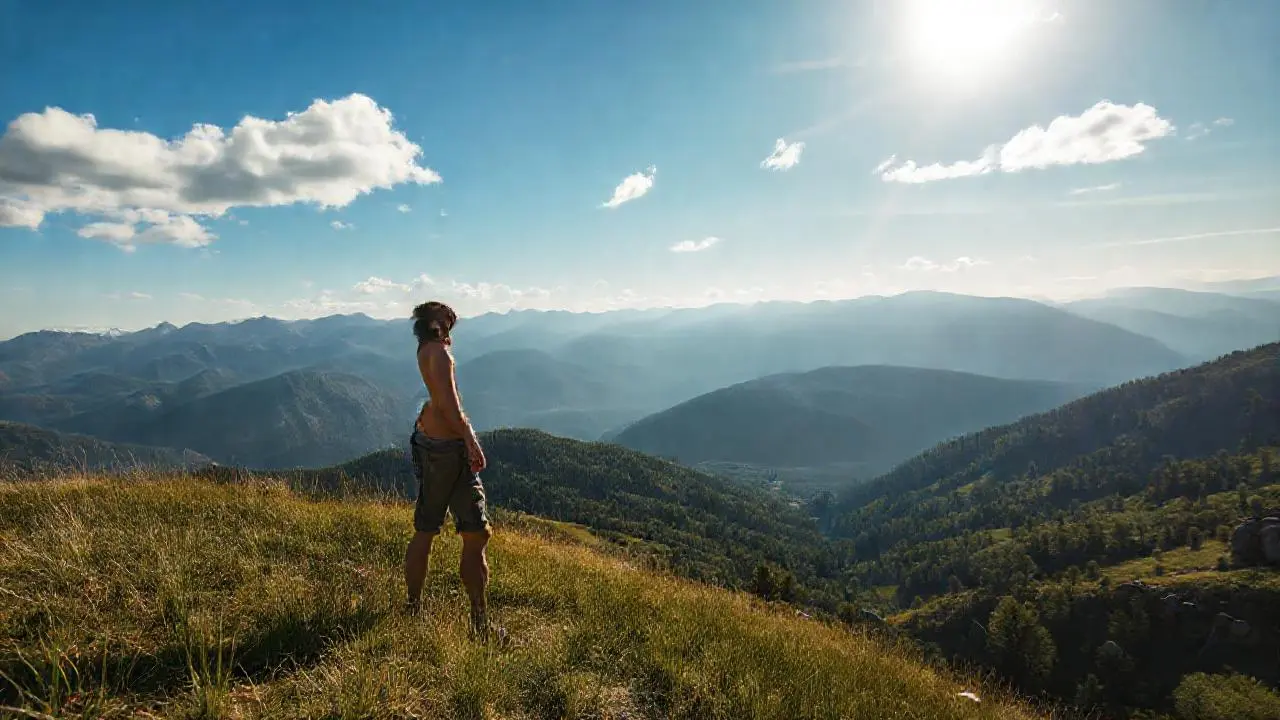 Hombre solitario en paisaje montañoso sereno