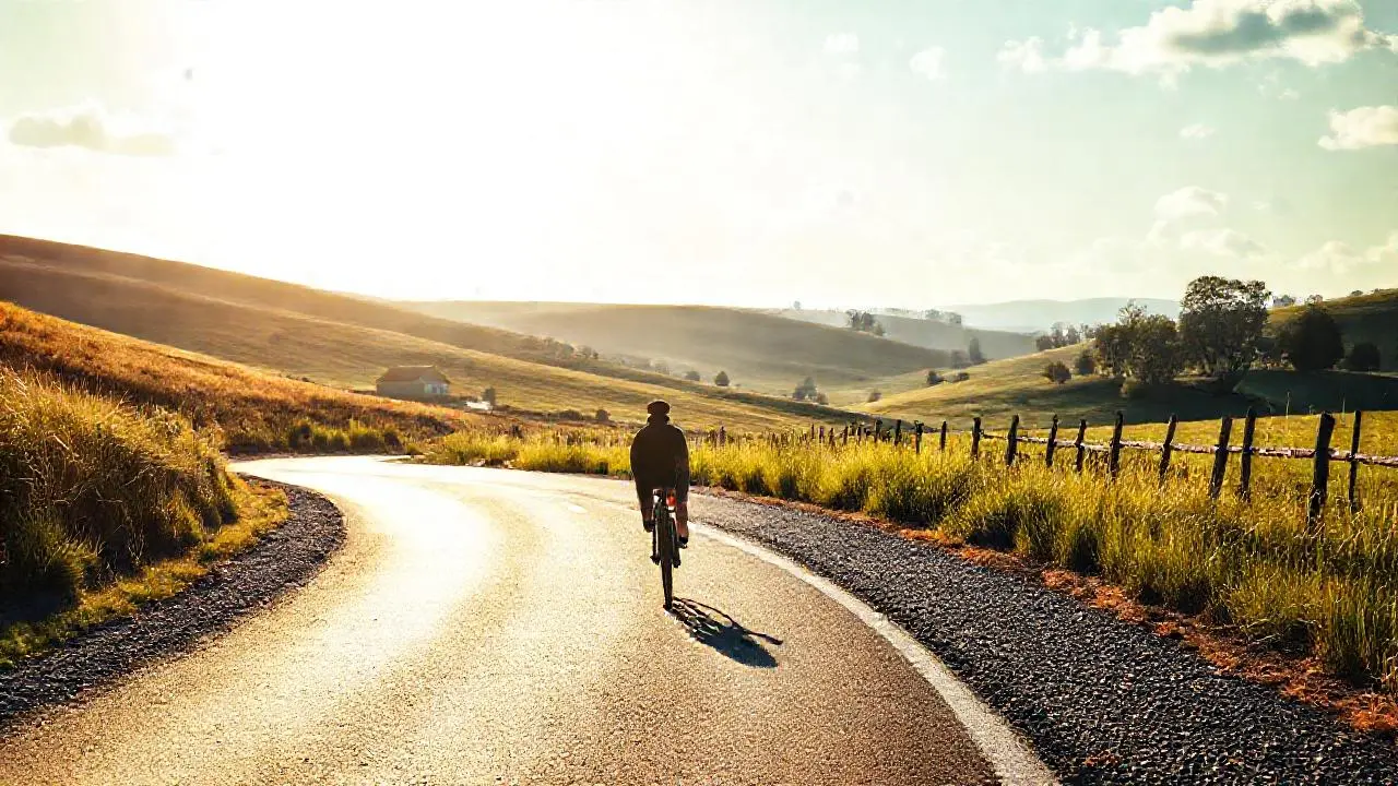 Ciclista en carretera rural, luz cálida