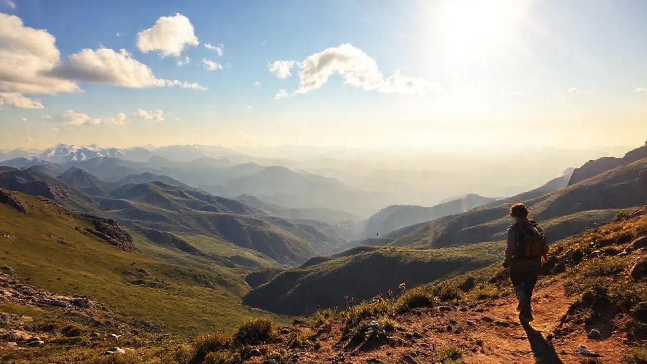 Montaña soleada, vasta y natural paisaje