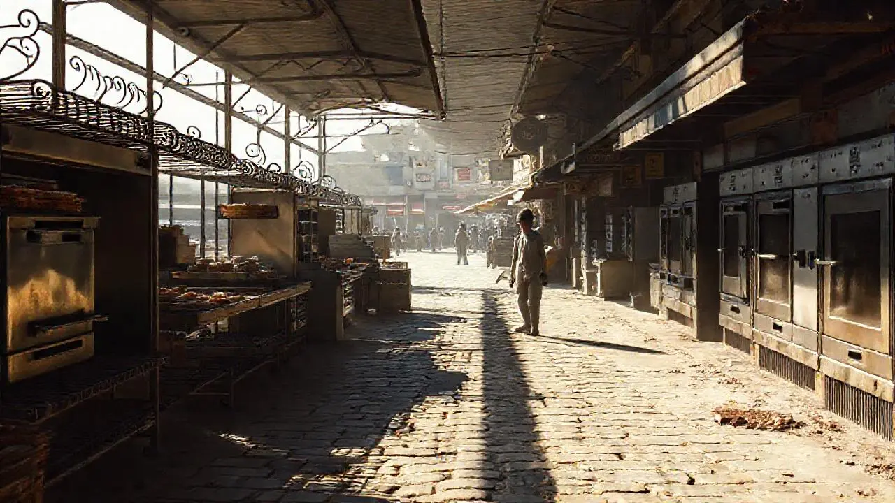 Mercado polvoriento, realista y con luz natural