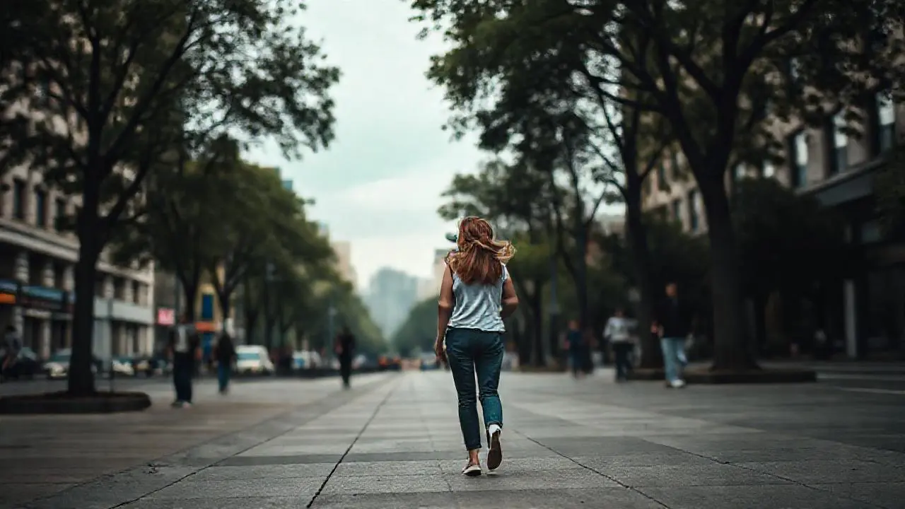 Una mujer camina en una calle urbana