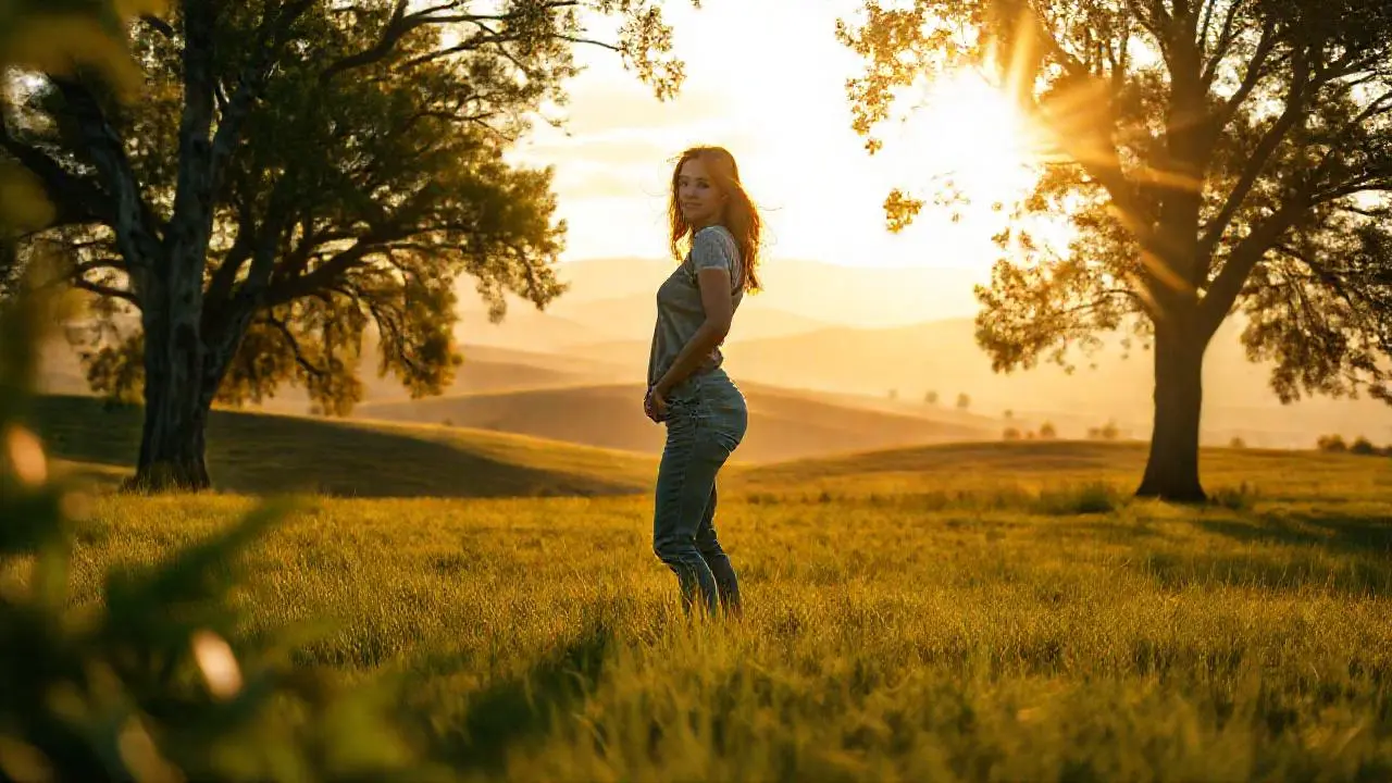 Campo sereno con mujer bajo la luz