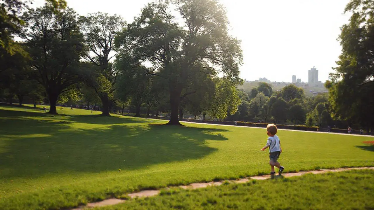 Niño camina en parque, luz suave