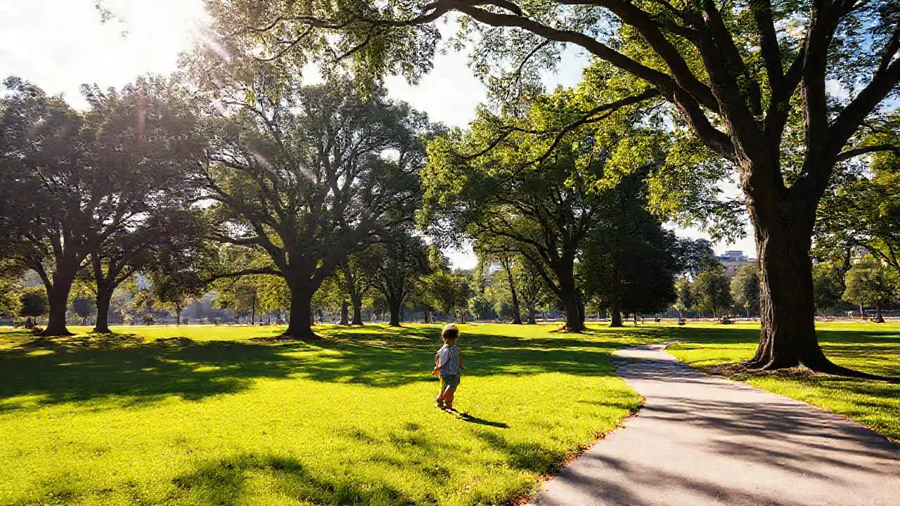 Parque soleado con niño caminando