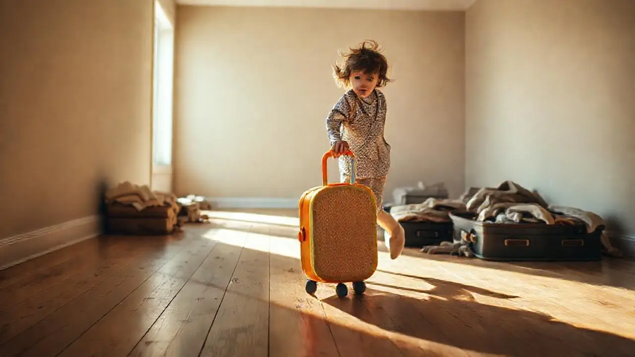 Niña jugando en una habitación cálida y desordenada