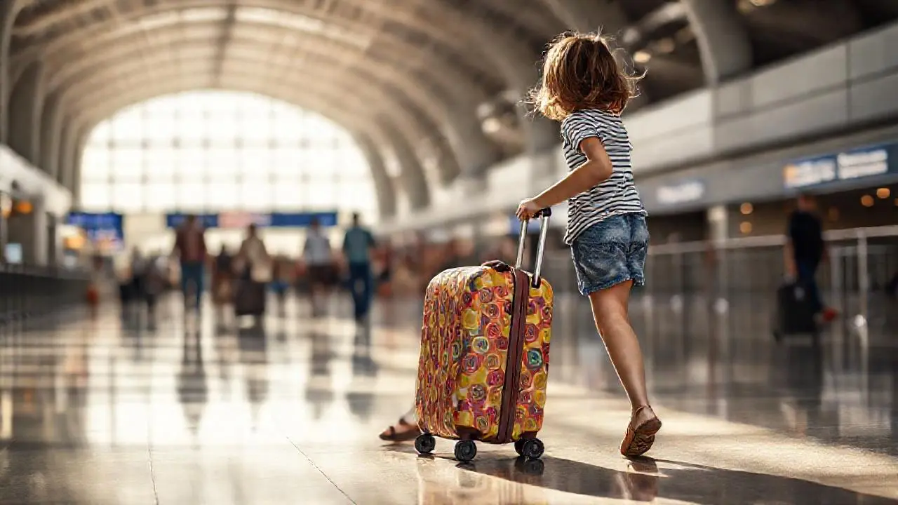 Una niña viaja en un aeropuerto