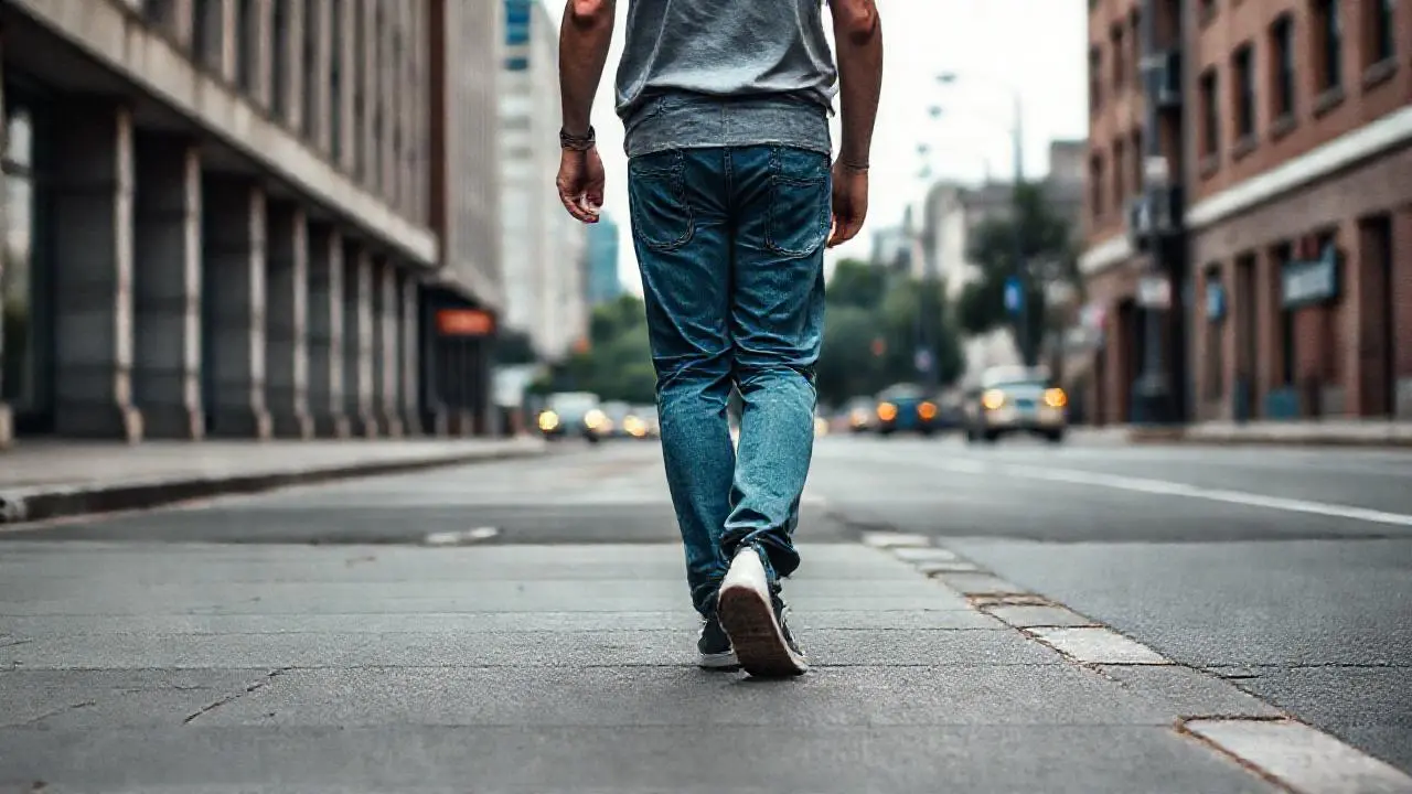 Calle urbana tranquila, hombre caminando relajado