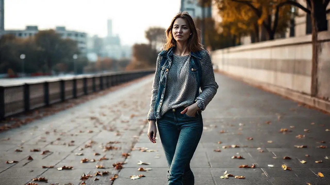 Mujer tranquila en paisaje otoñal urbano