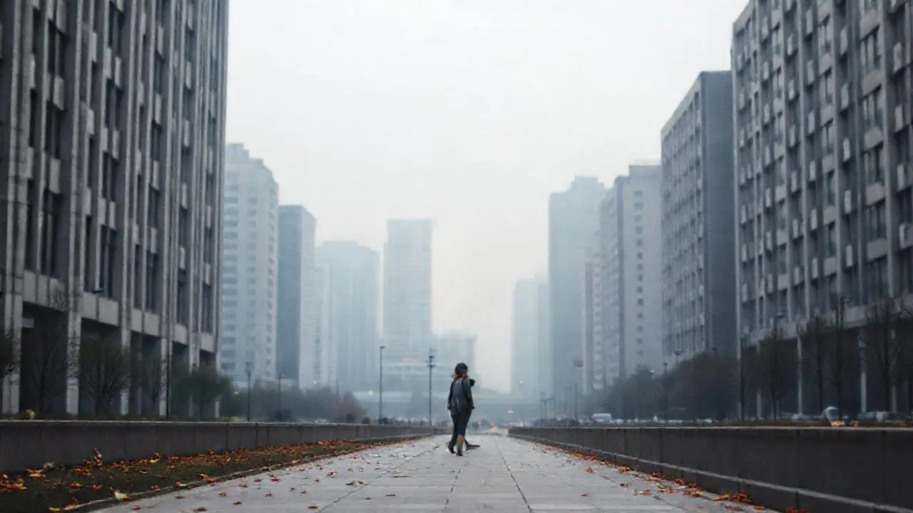 Calma urbana, sol apagado, figura solitaria