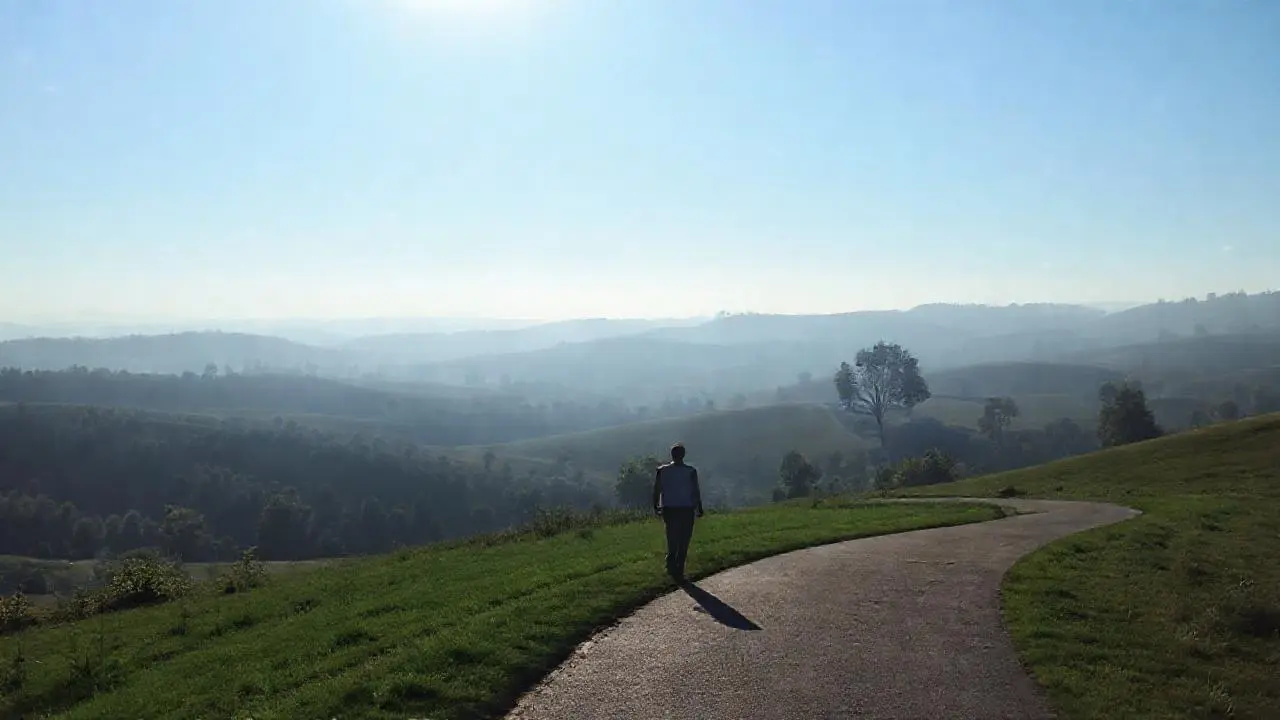 Paisaje sereno, luz suave y figura distante