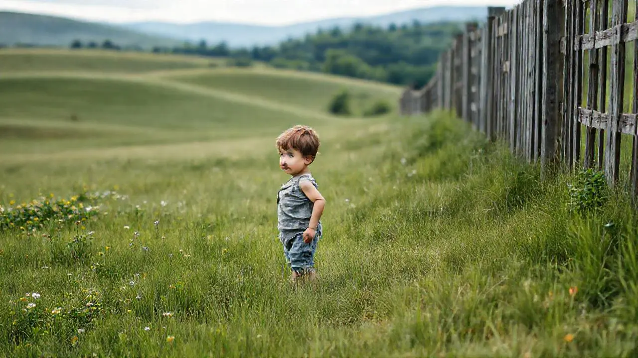 Campo soleado con niño, ambiente tranquilo