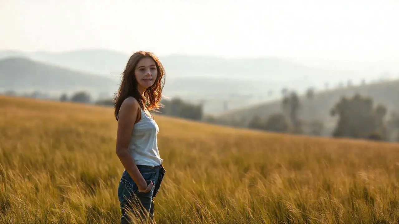 Tranquila mujer en paisaje natural y sereno