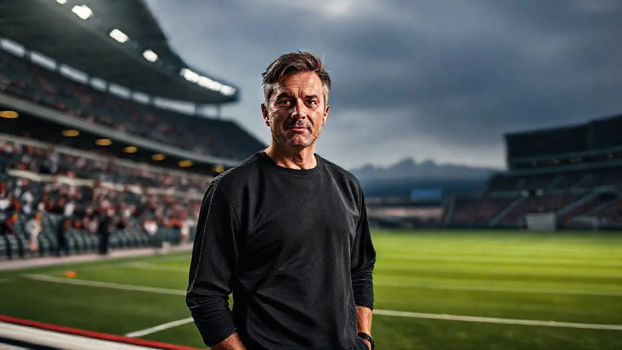 Estadio amplio, hombre relajado, luz suave