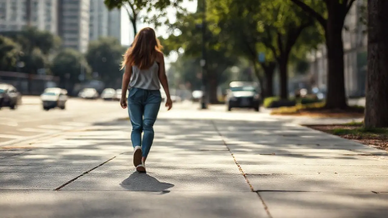 Mujer camina tranquila en un día urbano