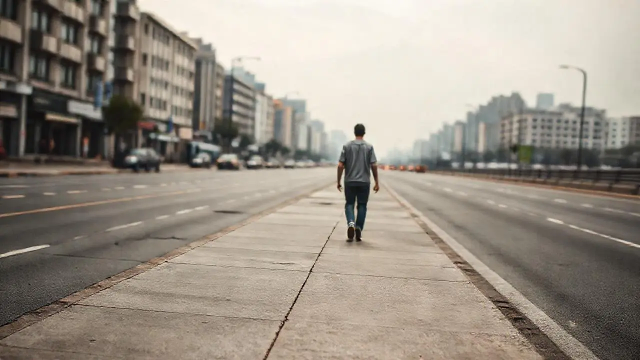 Calle urbana tranquila, figura solitaria caminando