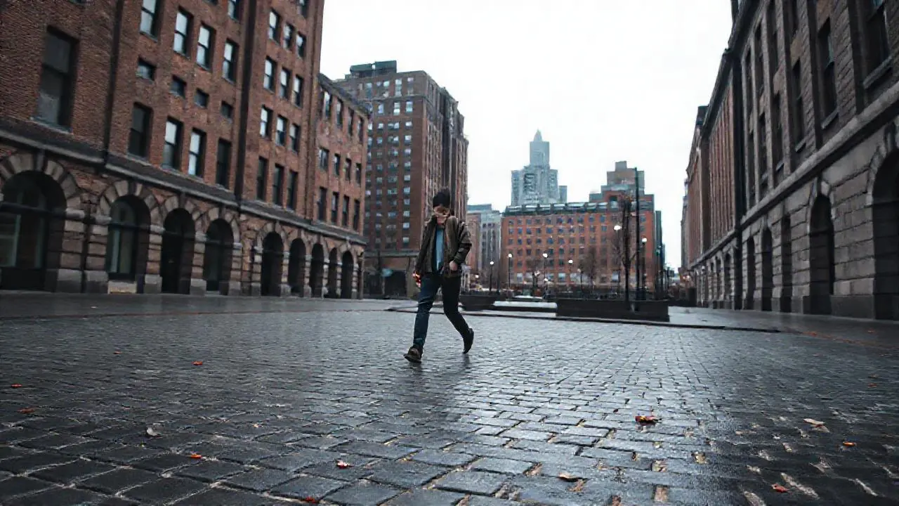 Plaza urbana tranquila, luz tenue y gris
