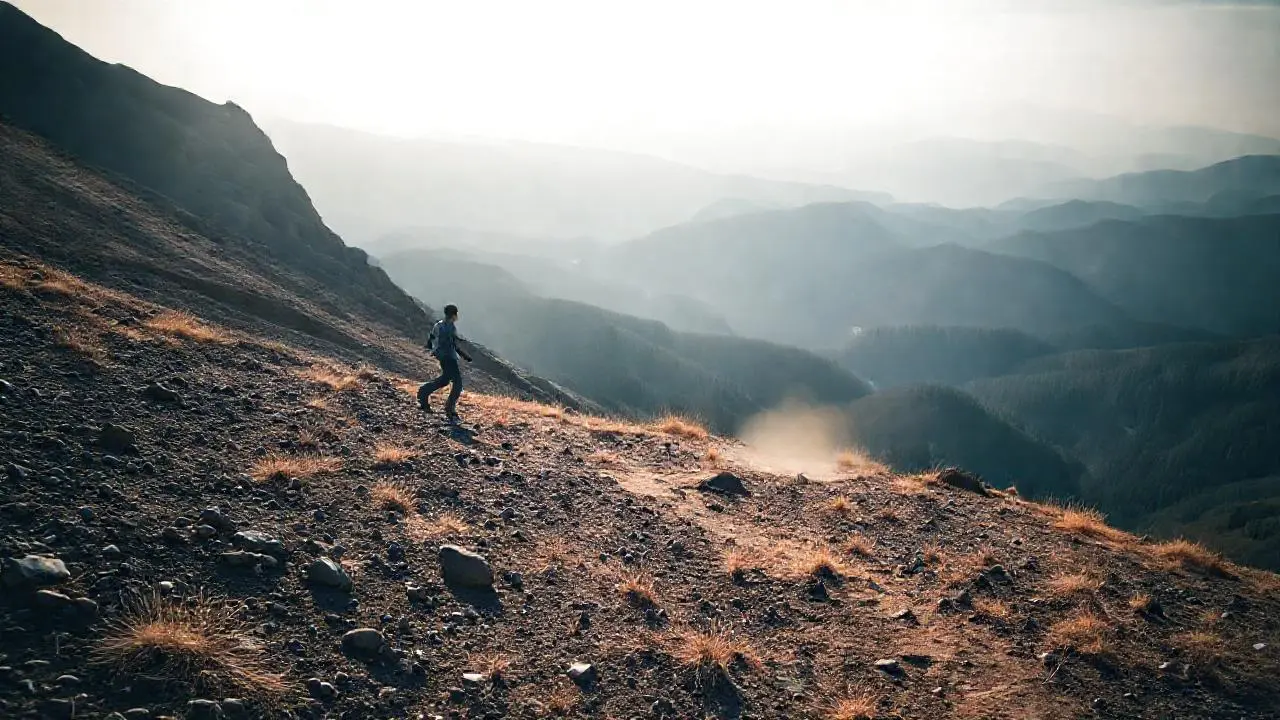 Paisaje montañoso sereno, con una figura en movimiento
